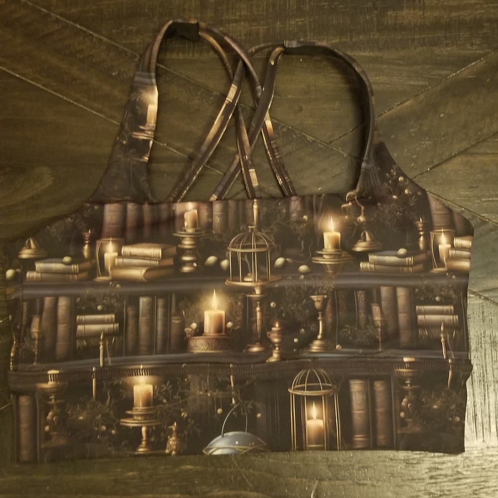 Elegant Candlelit Bookshelf Print Bra